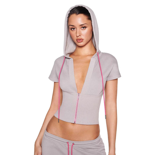 Women's Pure Color Sports Leisure Top with Hood Half Zipper Slim Deep V-neck Short Sleeve eprolo