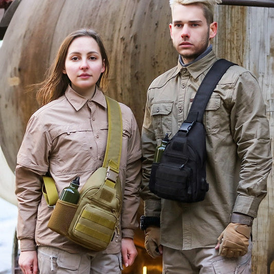 Tactical crossbody sling backpack. Has water bottle holder, MOLLE system, USB charging port. Ideal for travel and walks. Cp Camo eprolo