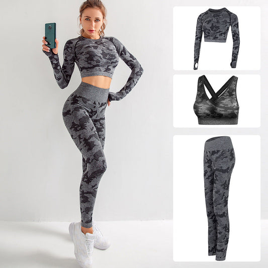 Camouflage 3-piece long sleeved bra pants sports fitness yoga peach hip lifting tight pants set eprolo