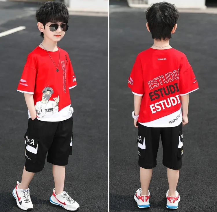 2025 teens Summer Child Clothes Baby teen Boys hip hop portrait loose T-Shirt & Shorts pants 6 8 10 12 14 years autumn