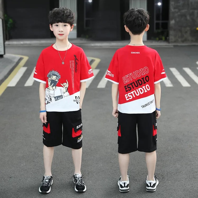 2025 teens Summer Child Clothes Baby teen Boys hip hop portrait loose T-Shirt & Shorts pants 6 8 10 12 14 years autumn