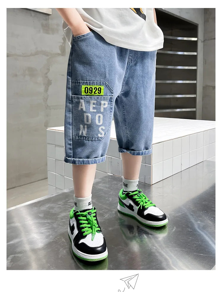 2024 New Teenage Boys Thin Denim Shorts 4-10 Years Summer Fashion Letter Printed Soft Trousers For Kids Children Casual Pants