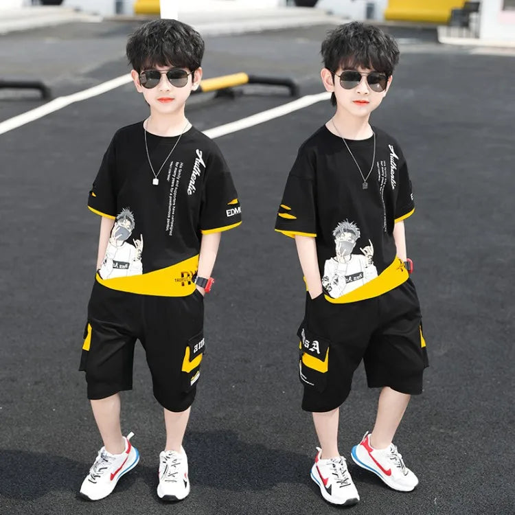 2025 teens Summer Child Clothes Baby teen Boys hip hop portrait loose T-Shirt & Shorts pants 6 8 10 12 14 years autumn