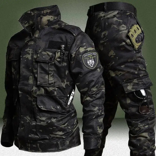Hunting Wear Resistant Sets Men Spring Autumn Multi Pocket Camo Suits Male Outdoor Training Fishing Cargo Set