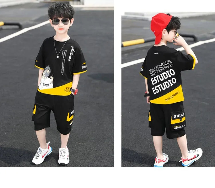 2025 teens Summer Child Clothes Baby teen Boys hip hop portrait loose T-Shirt & Shorts pants 6 8 10 12 14 years autumn