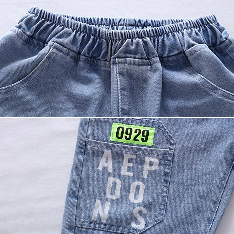 2024 New Teenage Boys Thin Denim Shorts 4-10 Years Summer Fashion Letter Printed Soft Trousers For Kids Children Casual Pants