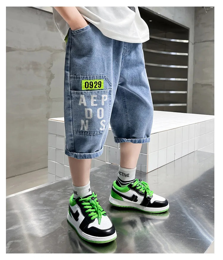 2024 New Teenage Boys Thin Denim Shorts 4-10 Years Summer Fashion Letter Printed Soft Trousers For Kids Children Casual Pants
