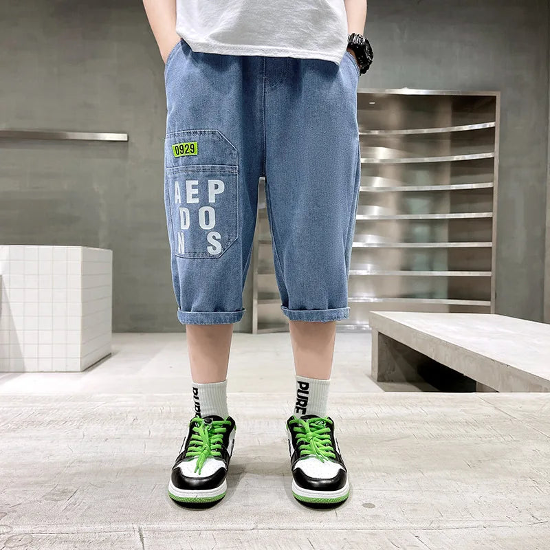 2024 New Teenage Boys Thin Denim Shorts 4-10 Years Summer Fashion Letter Printed Soft Trousers For Kids Children Casual Pants