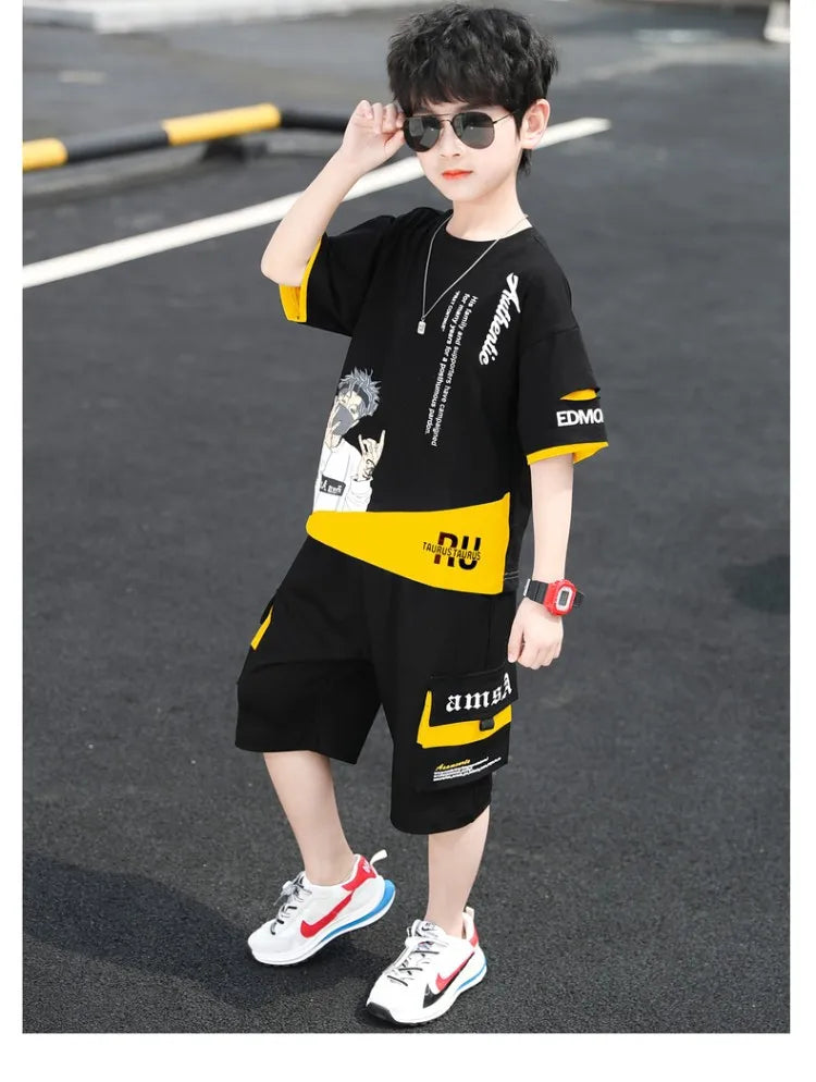 2025 teens Summer Child Clothes Baby teen Boys hip hop portrait loose T-Shirt & Shorts pants 6 8 10 12 14 years autumn