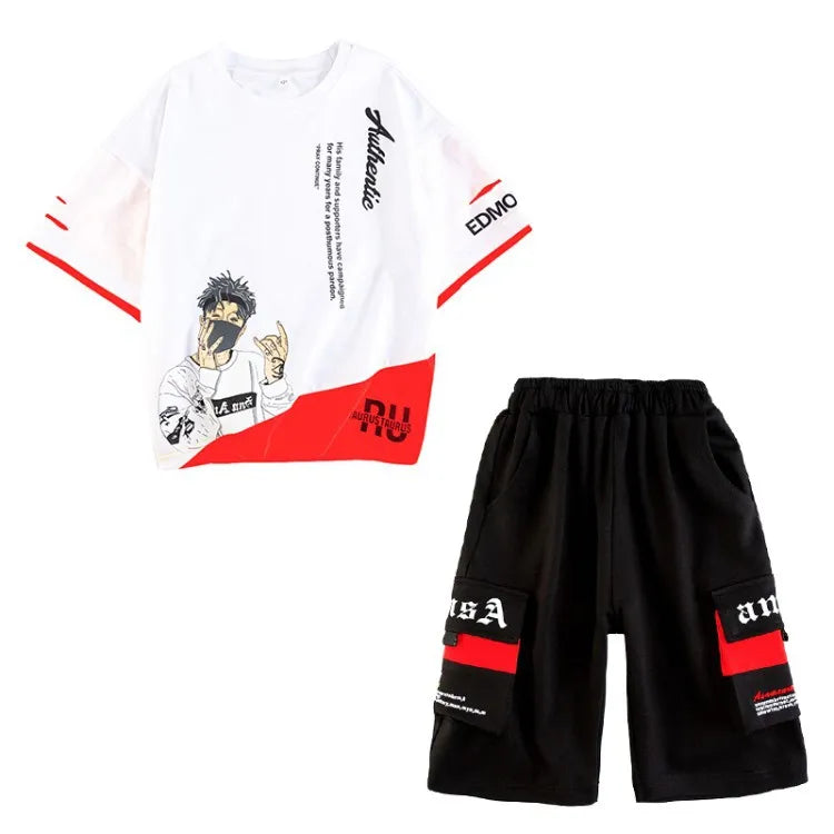 2025 teens Summer Child Clothes Baby teen Boys hip hop portrait loose T-Shirt & Shorts pants 6 8 10 12 14 years autumn