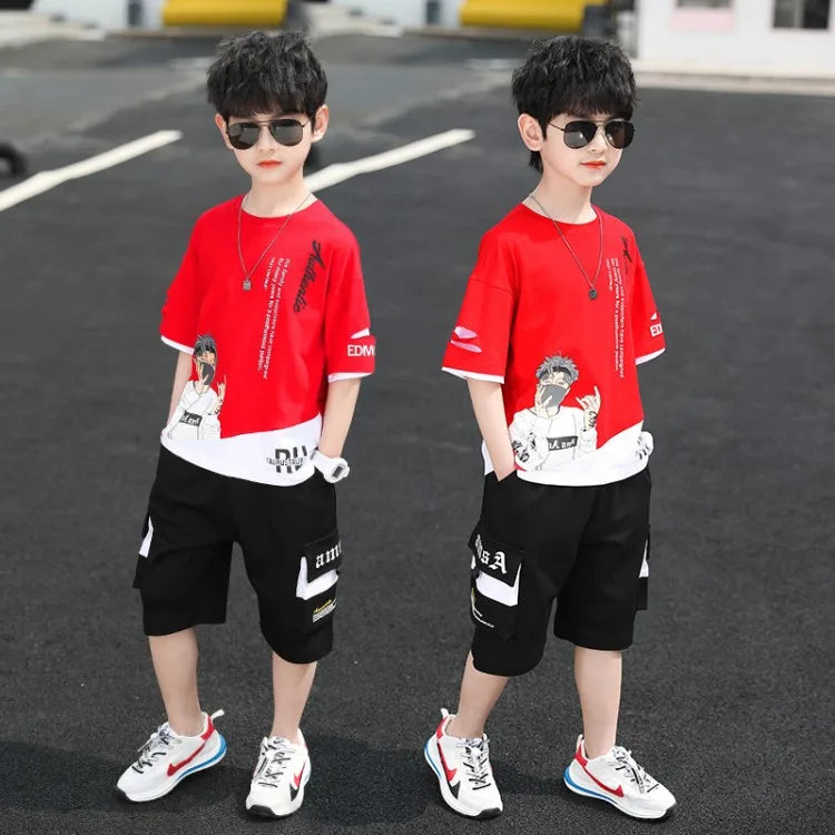 2025 teens Summer Child Clothes Baby teen Boys hip hop portrait loose T-Shirt & Shorts pants 6 8 10 12 14 years autumn