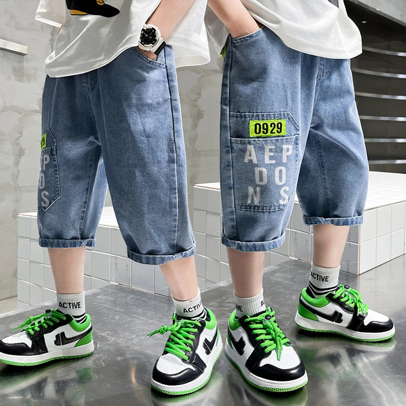 2024 New Teenage Boys Thin Denim Shorts 4-10 Years Summer Fashion Letter Printed Soft Trousers For Kids Children Casual Pants