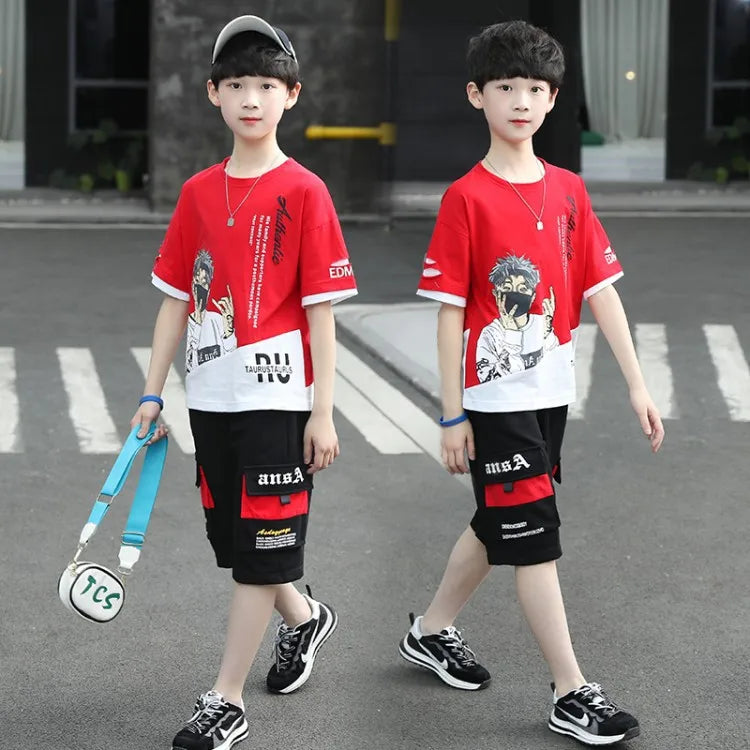 2025 teens Summer Child Clothes Baby teen Boys hip hop portrait loose T-Shirt & Shorts pants 6 8 10 12 14 years autumn