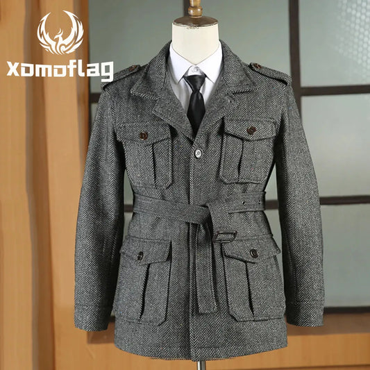 Hunting jacket British Men's Retro Multi-pocket Sport Coat With Belt Herringbone Business Causal Lapel Suit Blazers Tuxedos
