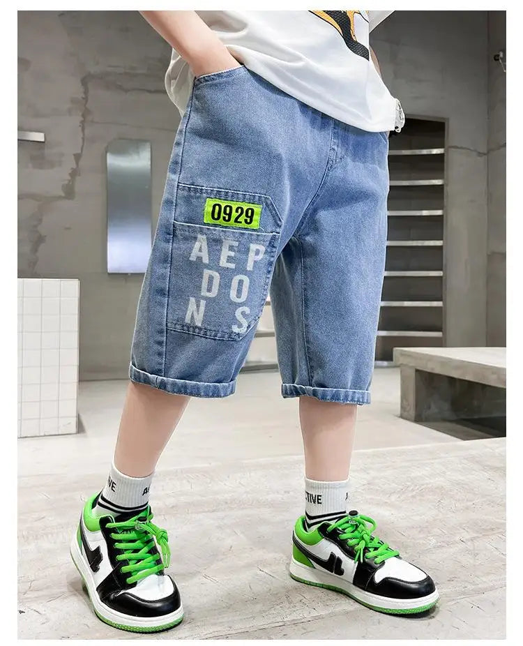2024 New Teenage Boys Thin Denim Shorts 4-10 Years Summer Fashion Letter Printed Soft Trousers For Kids Children Casual Pants