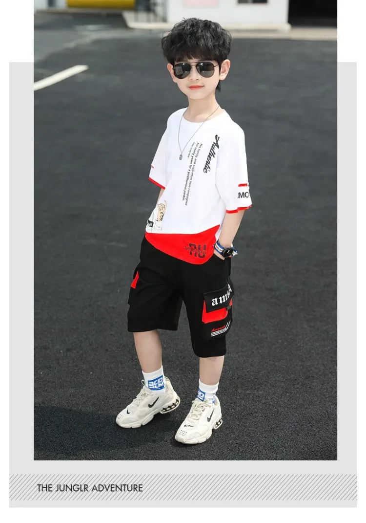 2025 teens Summer Child Clothes Baby teen Boys hip hop portrait loose T-Shirt & Shorts pants 6 8 10 12 14 years autumn