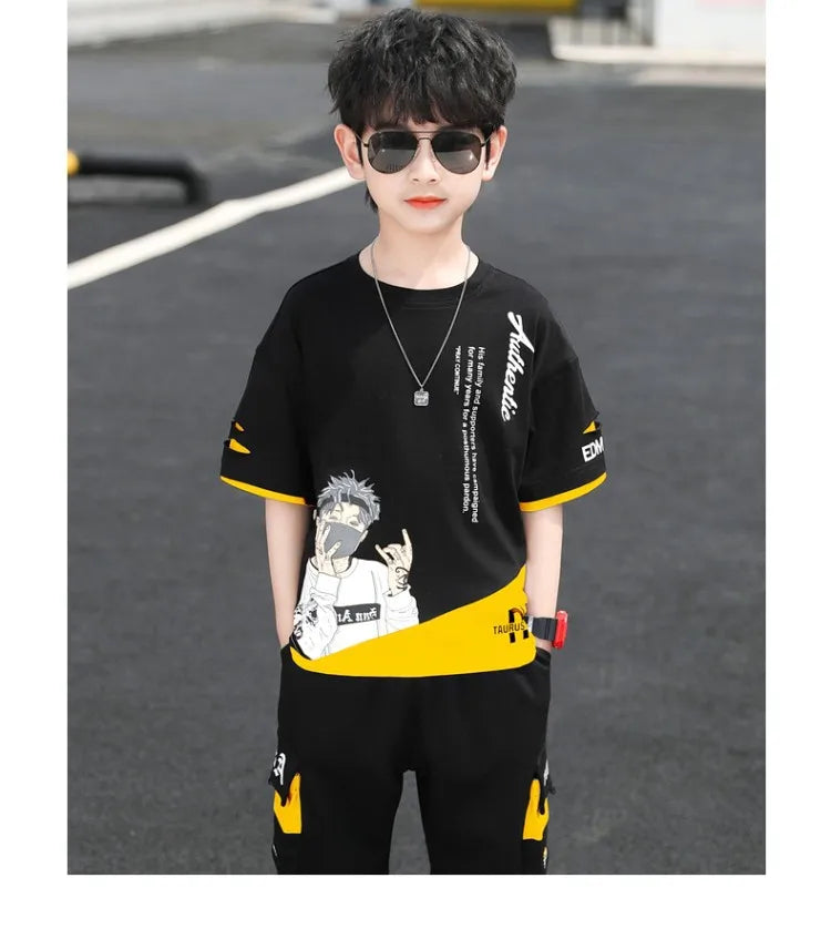 2025 teens Summer Child Clothes Baby teen Boys hip hop portrait loose T-Shirt & Shorts pants 6 8 10 12 14 years autumn