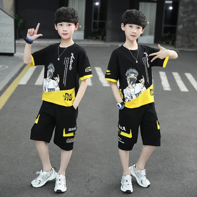 2025 teens Summer Child Clothes Baby teen Boys hip hop portrait loose T-Shirt & Shorts pants 6 8 10 12 14 years autumn