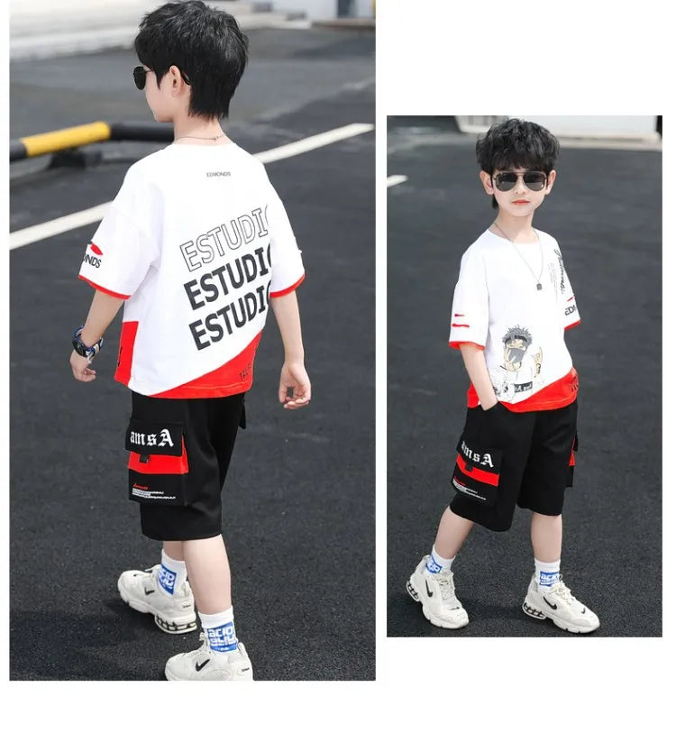 2025 teens Summer Child Clothes Baby teen Boys hip hop portrait loose T-Shirt & Shorts pants 6 8 10 12 14 years autumn