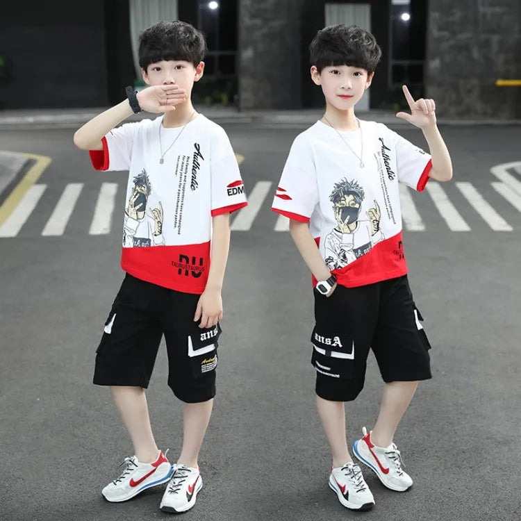 2025 teens Summer Child Clothes Baby teen Boys hip hop portrait loose T-Shirt & Shorts pants 6 8 10 12 14 years autumn