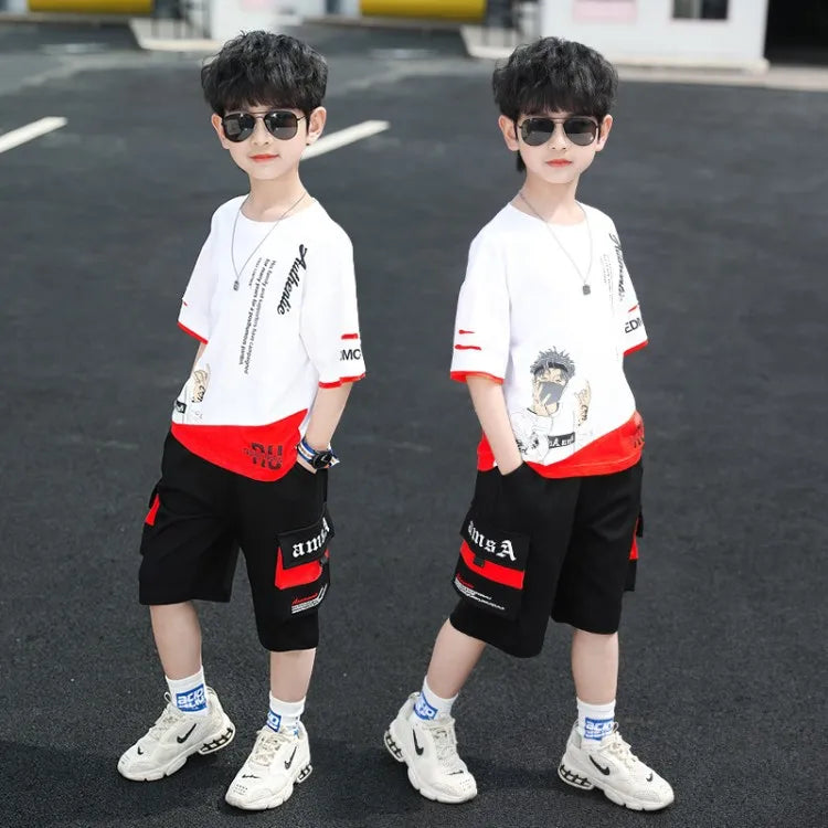 2025 teens Summer Child Clothes Baby teen Boys hip hop portrait loose T-Shirt & Shorts pants 6 8 10 12 14 years autumn