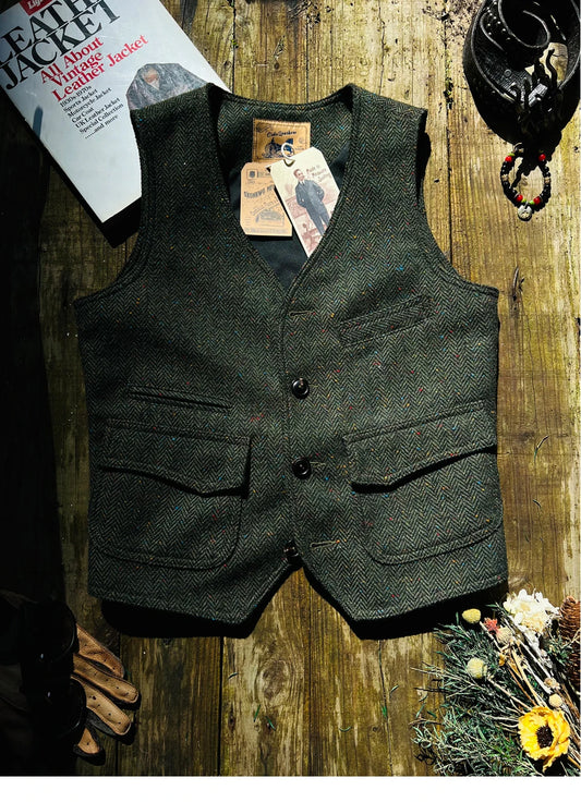 American Retro Heavyweight Tweed Hunting Vest Woolen V-ne Workwear Vest Men's RL Khaki Faion Urban All-Season Slim Fit
