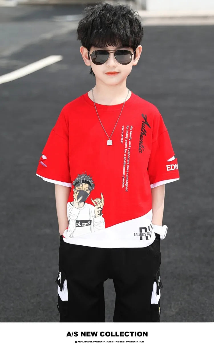 2025 teens Summer Child Clothes Baby teen Boys hip hop portrait loose T-Shirt & Shorts pants 6 8 10 12 14 years autumn