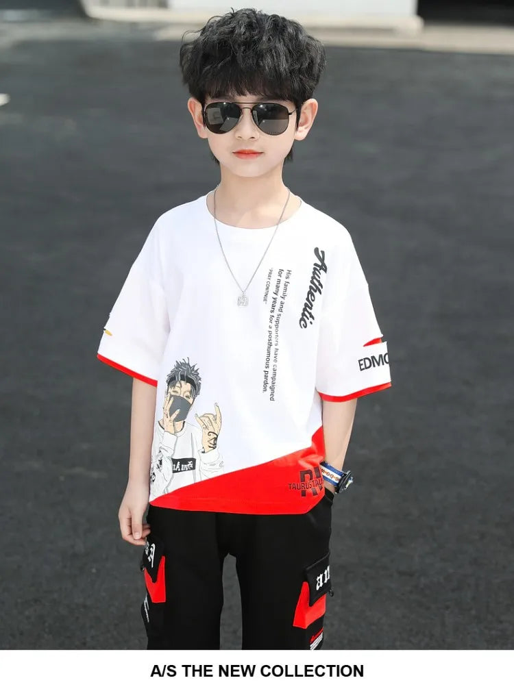 2025 teens Summer Child Clothes Baby teen Boys hip hop portrait loose T-Shirt & Shorts pants 6 8 10 12 14 years autumn