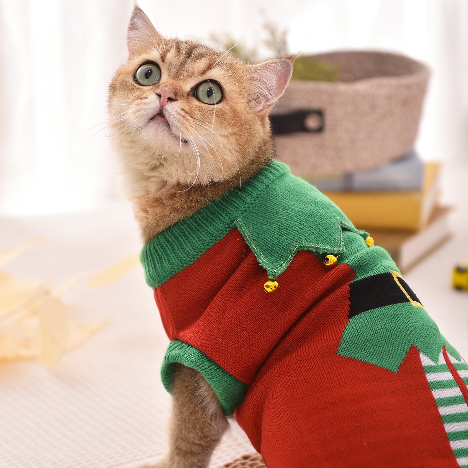 Christmas Pet Sweater For Dog & Cat, Festive Elf Costume Dog Sweater, Adorable Cat Clothes With Bell