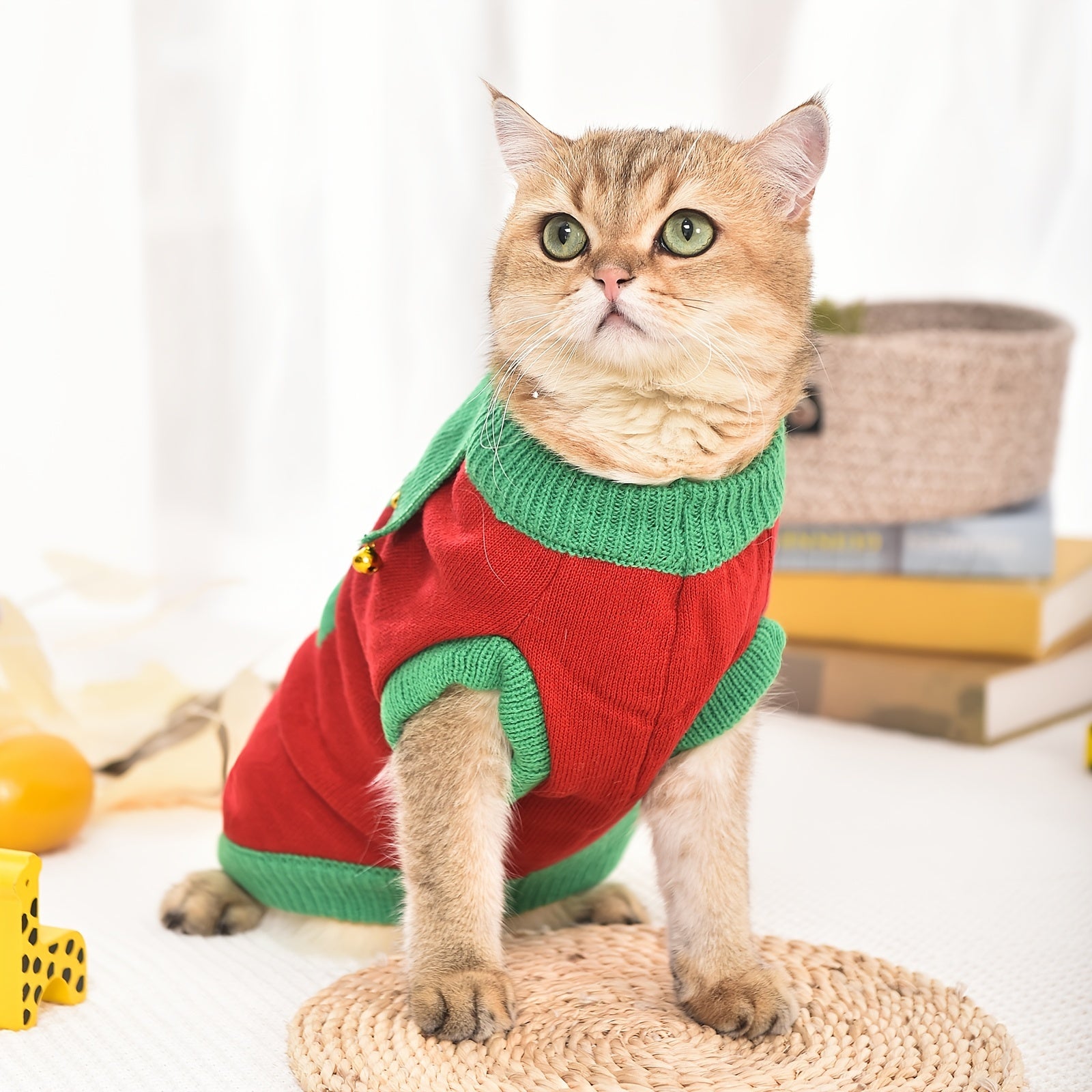 Christmas Pet Sweater For Dog & Cat, Festive Elf Costume Dog Sweater, Adorable Cat Clothes With Bell