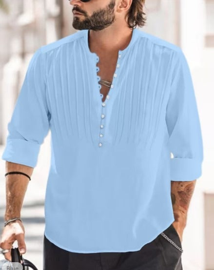 Cotton and Linen Mens Casual Button Round Neck Solid Standing Collar Shirt eprolo