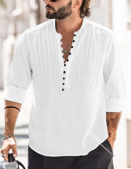 Cotton and Linen Mens Casual Button Round Neck Solid Standing Collar Shirt eprolo