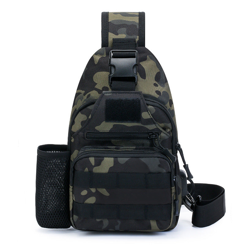 Tactical crossbody sling backpack. Has water bottle holder, MOLLE system, USB charging port. Ideal for travel and walks. Cp Camo eprolo