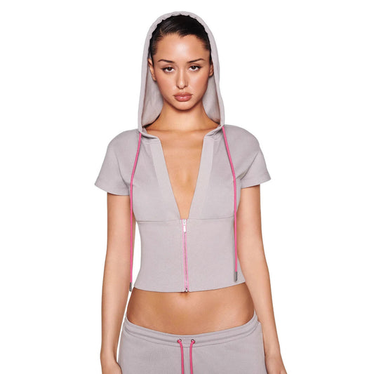 Women's Pure Color Sports Leisure Top with Hood Half Zipper Slim Deep V-neck Short Sleeve eprolo