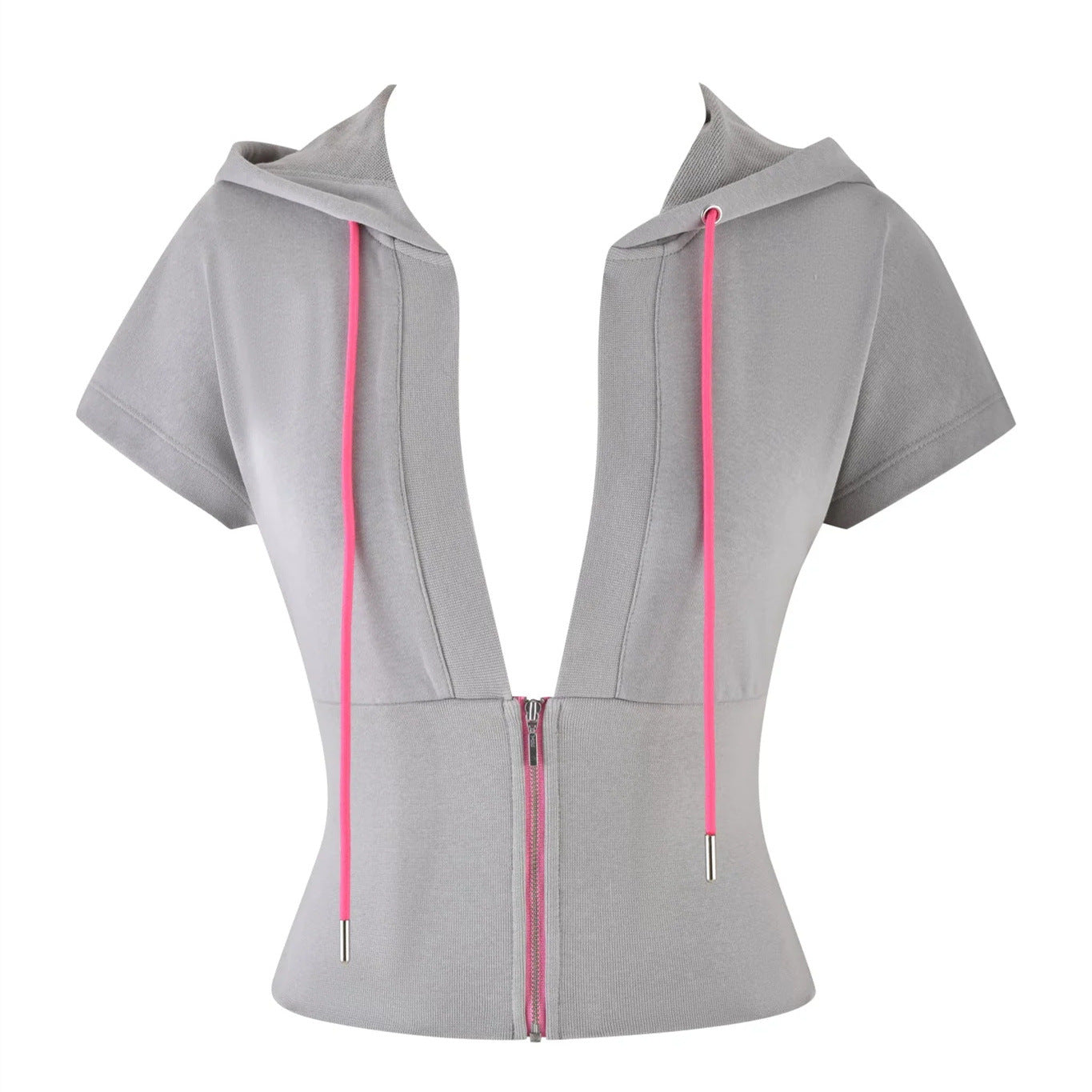 Women's Pure Color Sports Leisure Top with Hood Half Zipper Slim Deep V-neck Short Sleeve eprolo