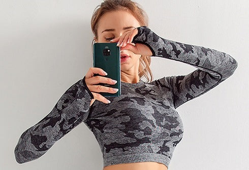 Camouflage 3-piece long sleeved bra pants sports fitness yoga peach hip lifting tight pants set eprolo