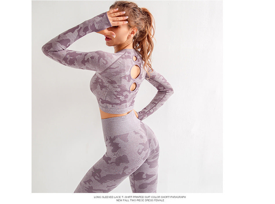 Camouflage 3-piece long sleeved bra pants sports fitness yoga peach hip lifting tight pants set eprolo