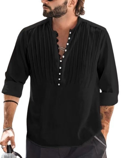 Cotton and Linen Mens Casual Button Round Neck Solid Standing Collar Shirt eprolo