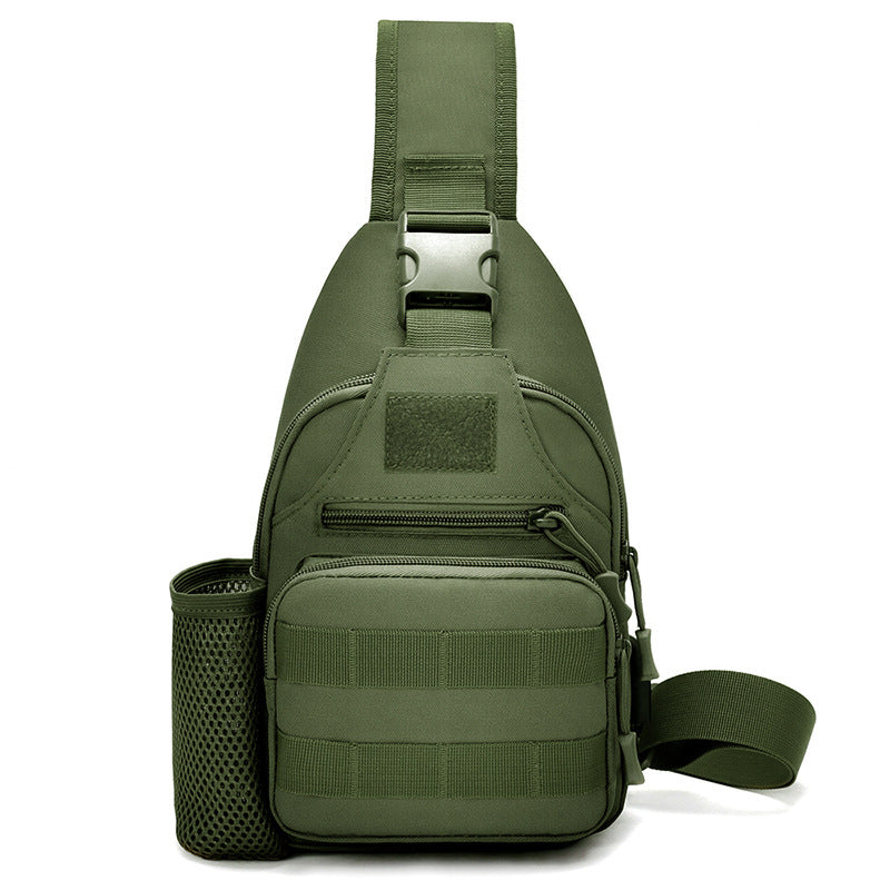 Tactical crossbody sling backpack. Has water bottle holder, MOLLE system, USB charging port. Ideal for travel and walks. Cp Camo eprolo