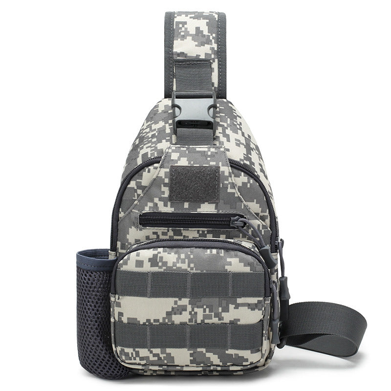 Tactical crossbody sling backpack. Has water bottle holder, MOLLE system, USB charging port. Ideal for travel and walks. Cp Camo eprolo