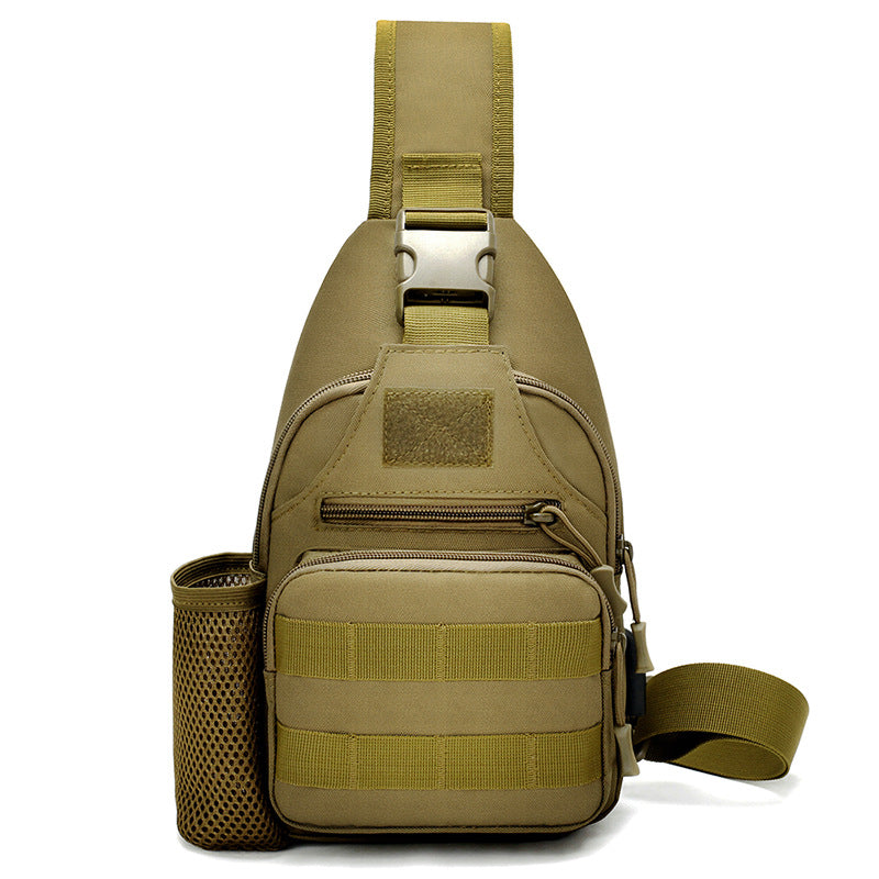 Tactical crossbody sling backpack. Has water bottle holder, MOLLE system, USB charging port. Ideal for travel and walks. Cp Camo eprolo