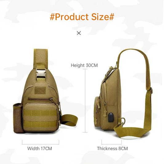 Tactical crossbody sling backpack. Has water bottle holder, MOLLE system, USB charging port. Ideal for travel and walks. Cp Camo eprolo