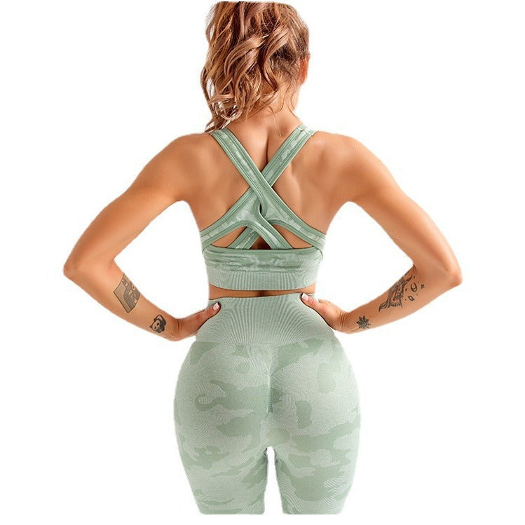 Camouflage 3-piece long sleeved bra pants sports fitness yoga peach hip lifting tight pants set eprolo