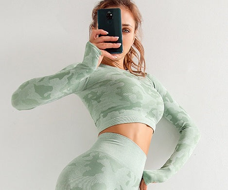 Camouflage 3-piece long sleeved bra pants sports fitness yoga peach hip lifting tight pants set eprolo