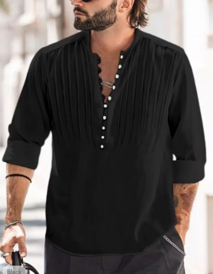 Cotton and Linen Mens Casual Button Round Neck Solid Standing Collar Shirt eprolo