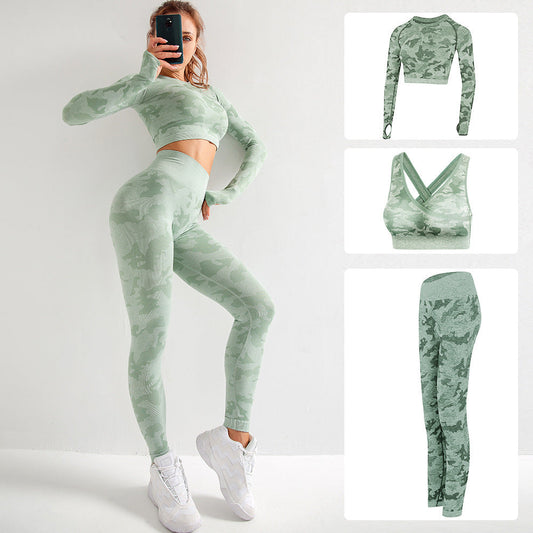 Camouflage 3-piece long sleeved bra pants sports fitness yoga peach hip lifting tight pants set eprolo