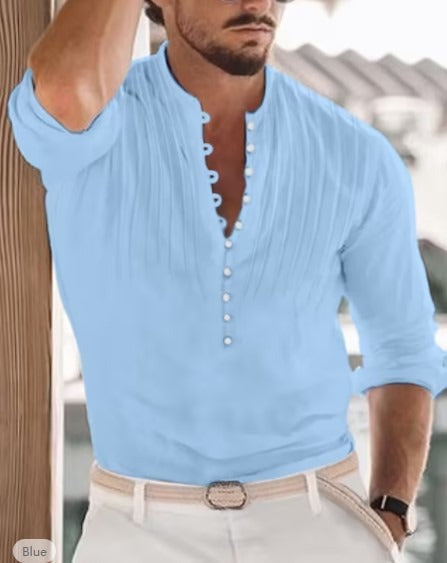 Cotton and Linen Mens Casual Button Round Neck Solid Standing Collar Shirt eprolo