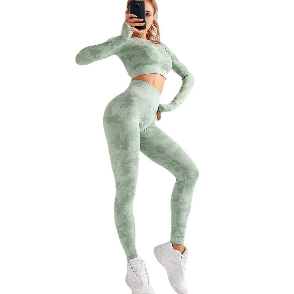 Camouflage 3-piece long sleeved bra pants sports fitness yoga peach hip lifting tight pants set eprolo