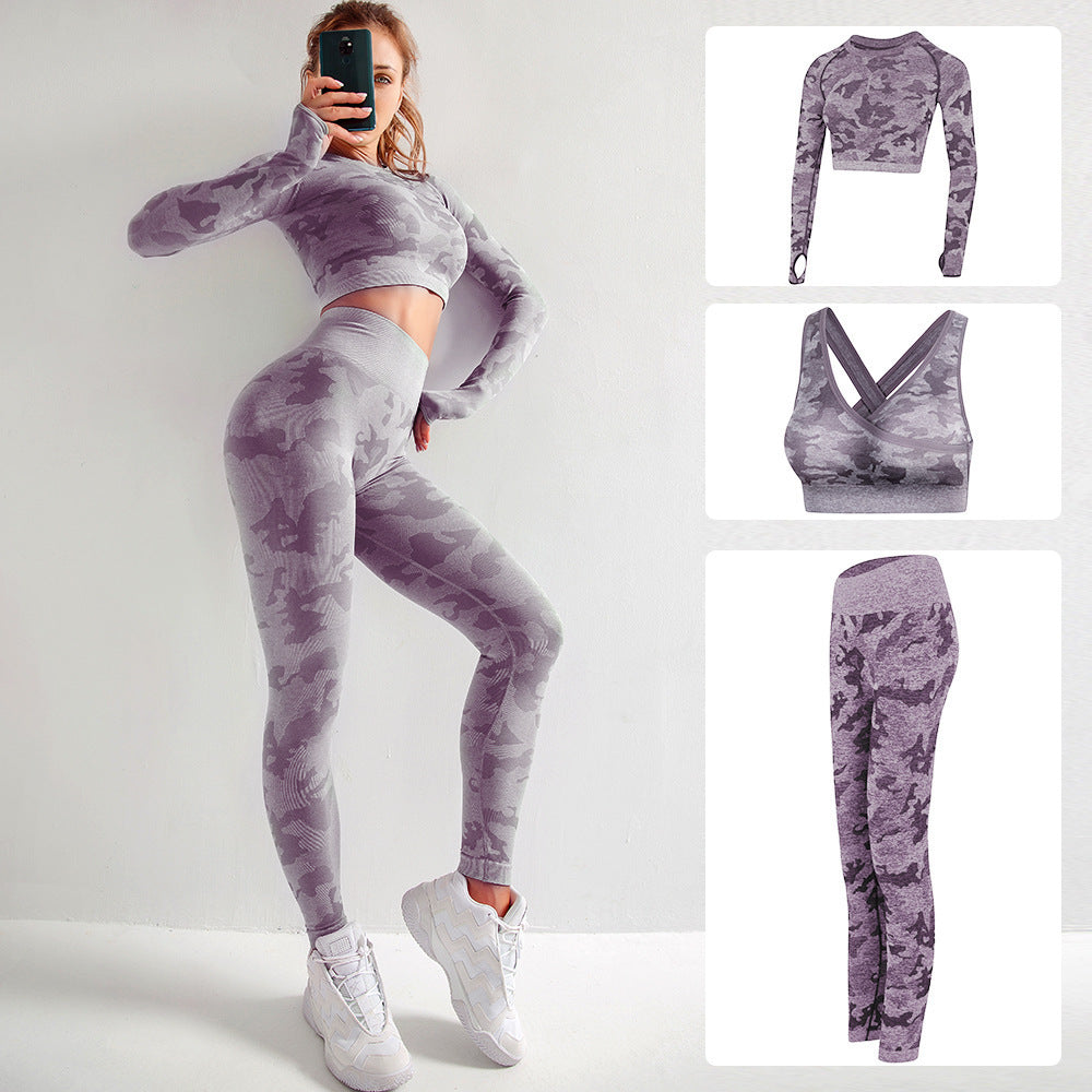 Camouflage 3-piece long sleeved bra pants sports fitness yoga peach hip lifting tight pants set eprolo