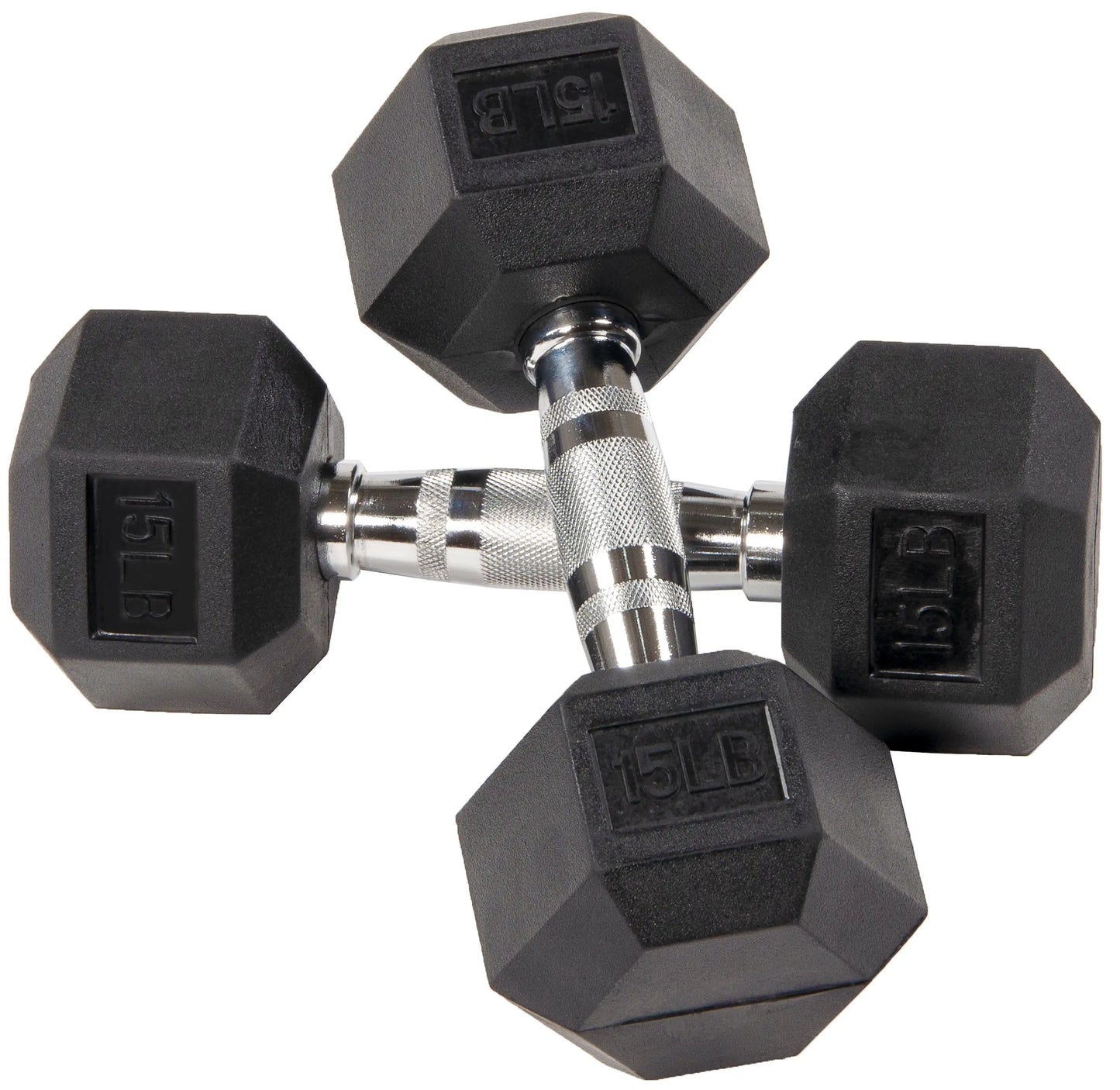 Rubber Encased Hex Dumbbells, 15 lbs Pair, Black,Knurled chrome handles